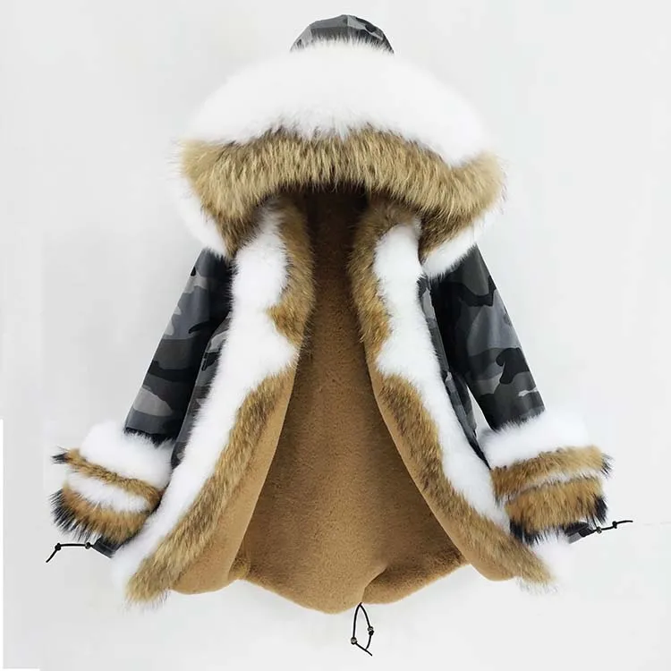Длинная парка, пальто из натурального меха, зимняя куртка для женщин, натуральный мех енота, Лисий меховой капюшон, воротник, манжеты, толстая теплая верхняя одежда, новинка - Цвет: placket cuffs 3