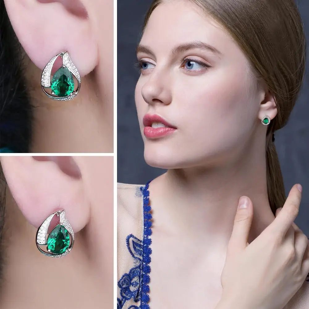 925 Sterling Silver Hoop Clip Earrings For Women Simulated Nano Emerald