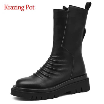 

Krazing pot big size genuine leather pleated striped round toe high square heel zipper young lady daily wear mid-calf boots L09