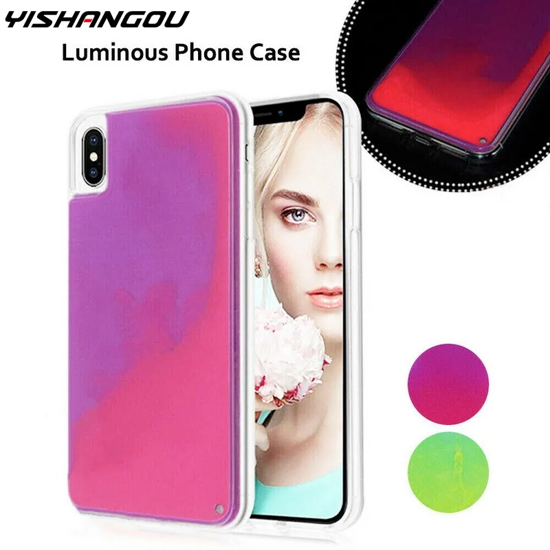 

For iPhone XR X 6s 7 8 Plus Xs Max Luminous Quicksand Liquid Hybrid Case For Samsung S9 S10 Plus Note 9 8 A50 A70 For Huawei P30