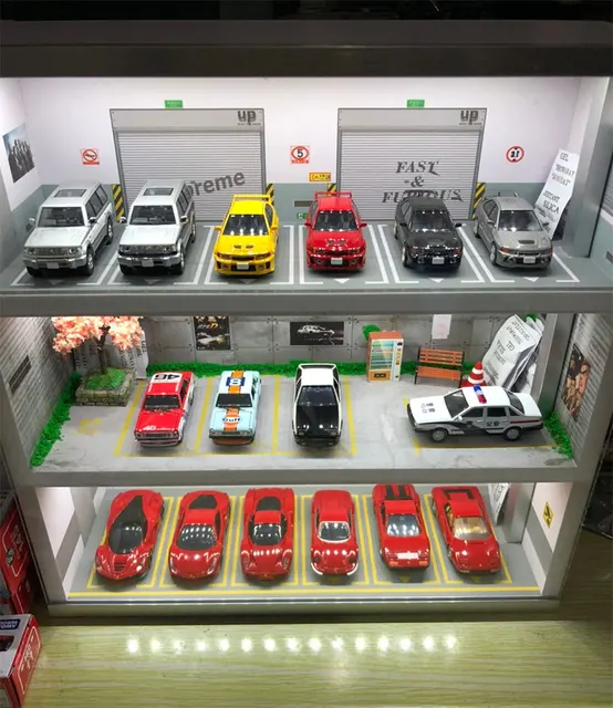 1:64 Scale Diorama Alloy Car Model Parking Lot 3/4/5 Layer PVC Garage Scene With LED Light Storage Box Theme Display Cabinet 4