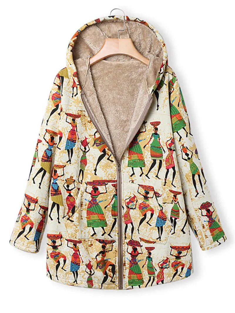 

Women's Jacket Casual Kangaroo Pocket Zipper Tribal Print Plus Velvet Long Sleeve Jacket Loose female coat Winter 2019 pusize