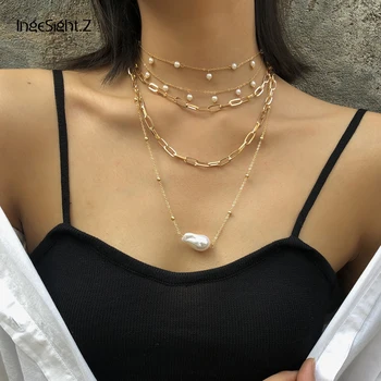 

IngeSight.Z 2Pcs/Set Bohemian Multi Layer Imitation Pearl Tassel Choker Necklace Punk Curb Cuban Pendant Necklace Women Jewelry