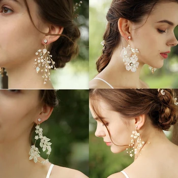 

Handmade Opal Crystal Floral Chandelier Earrings Pearls Waterfall Drop Wedding Dangle Earrings Clips Fashion Women Girl Jewelry