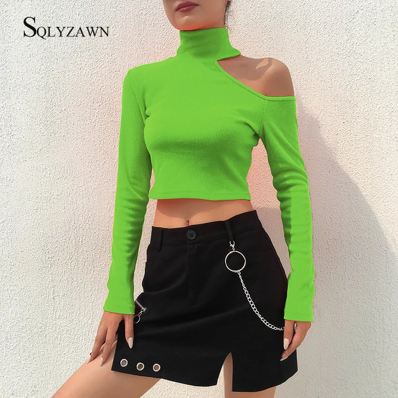 Korean Turtleneck Knitted Stripe Off Shoulder Long Sleeve Crop Top Shirt Women Fall Sexy Hollow Out Tshirt Harajuku Bodycon Tees | Женская