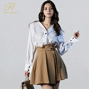 

H Han Queen Women's Spring Casual OL 2 Pieces Suits Long Sleeve Shirt Crop Top + Slim High Waist Pleated Skirt Office Lady Sets