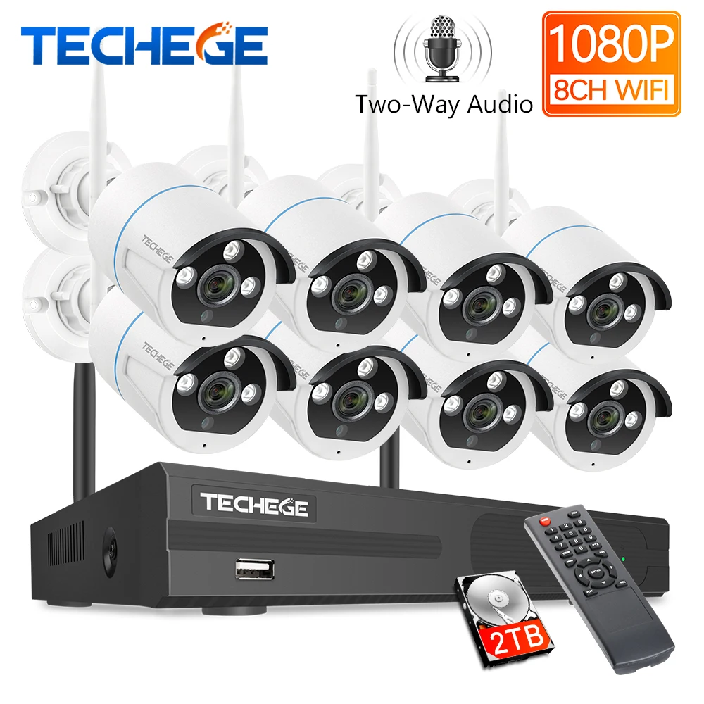 Techege 8CH 1080P Wireless Camera System Two Way Audio 2MP Waterproof Outdoor WIFI Video Surveillan