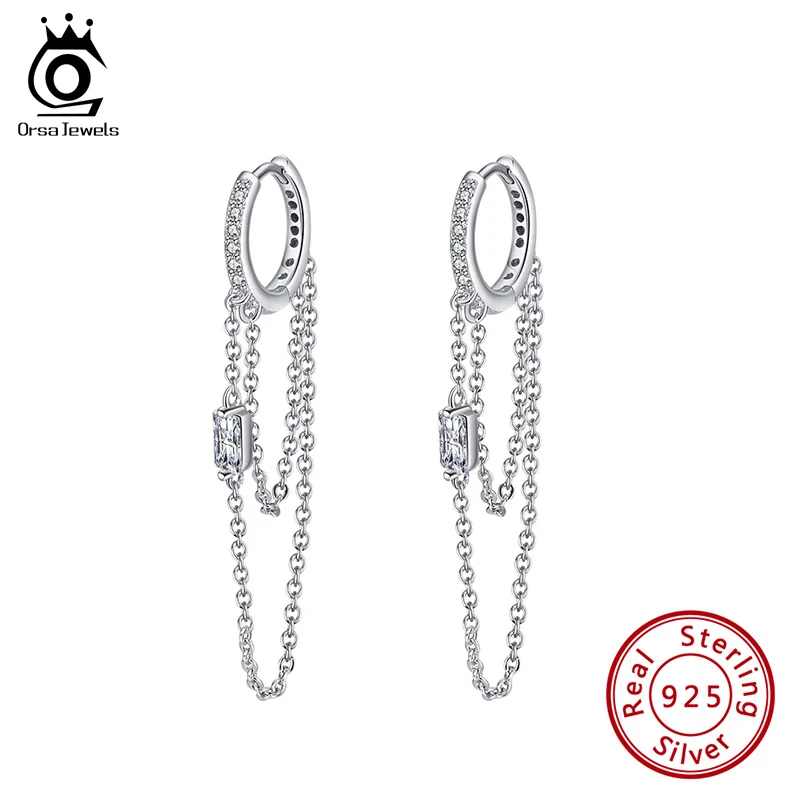 Женские серьги кольца ORSA JEWELS длинные из стерлингового серебра 925 пробы с прозрачными кристаллами и