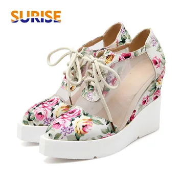 

Casual Summer High Heels Wedge Platform Women Pumps Mesh Flower Print Fabric Pointed Toe Party Dress Lace Up Punk Ladies Pumps