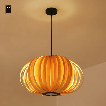 

Wood Pumpkin Pendant Light Fixture Contemporary Nordic Scandinavian Vintage Hanging Ceiling Lamp Lustre Home Dining Table Room