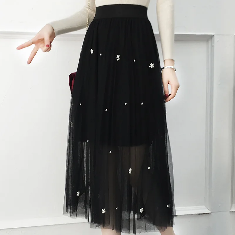 

Photo Shoot 2019 Spring New Style Beads Gauze Skirt Debutante-Style Pleated Tutu Base Long Skirts Women's