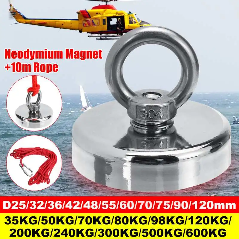 35-600KG Neodymium Fishing Salvage Recovery Magnet 10M Rope For Detecting uk 