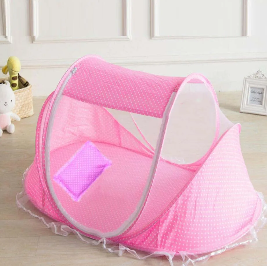 2 Pcs/ Set Baby Netting Bedding Cribs Pink Foldable Mosquito Nets Tent Pillow Blue Dot Portable Child Crib Sleep Net | Мать и ребенок