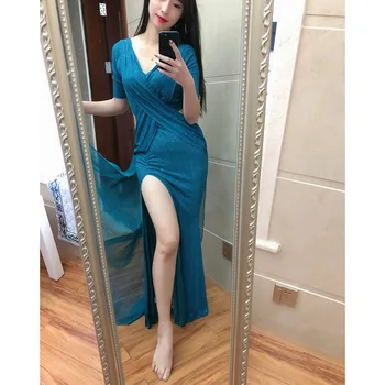 

2020 spring new adult woman sexy split fork shiny belly dance practice suit costume oriental dance clothes