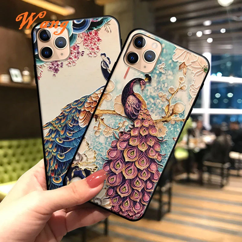 

Embossed Peacock TPU Mobile Phone Case For iPhone 12 12pro 11 11pro 11promax Protective Cover For iPhone 7 8Silicone Cases Shell