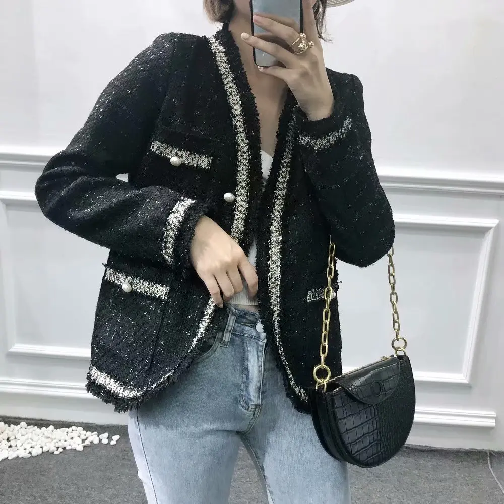 

D1wf-2293 Western Style WOMEN'S Dress 2019 Spring And Autumn New Style Graceful V-neck Pearl Clasp Tweed Coat Women's