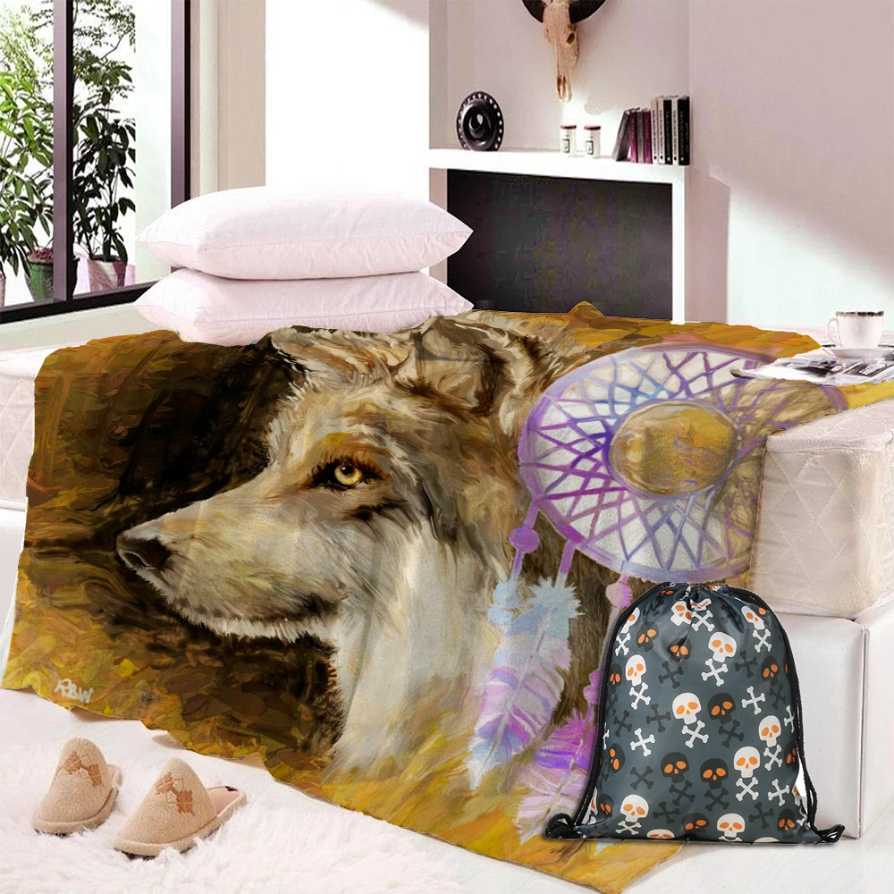 

Wolf Blanket on Bed Mandala Flower Plush Throw Blanket Animal Thin Quilt Colorful Geometric Bedding