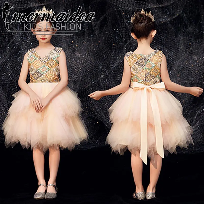 

Kids Toddler Luxury V-Collar Sequined Birthday Wedding Evening Party Princess Mesh Prom Dress Girls Host Costumes Short Gift
