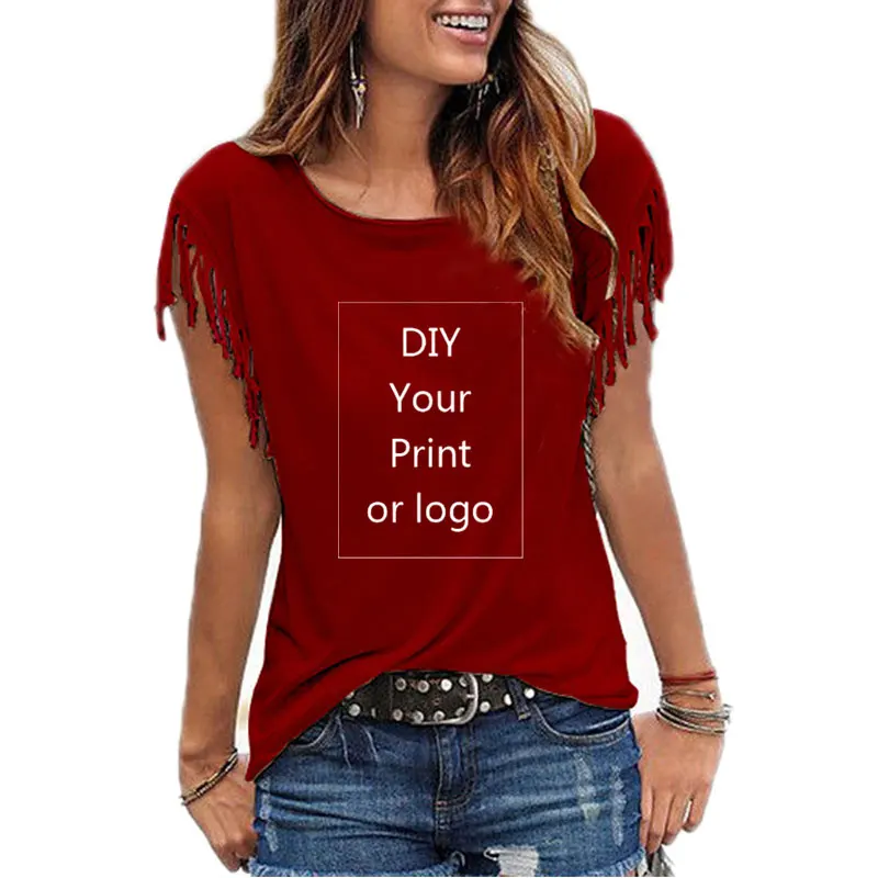 Customized Print T Shirt for Women DIY Your Like Photo or Logo Top Cotton Tassel Short Sleeve O-neck Cotton Tee 5