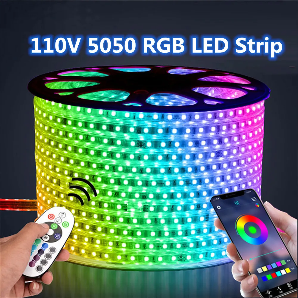 110V Светодиодные ленты светильник RGB Водонепроницаемый лента AC110V гибкий неоновый светодиодный светильник уличный Декор Светильник с помощью приложения на телефоне и пульт дистанционного управления 1 м 5 м 10 м