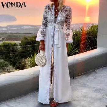

VONDA Women Hollow Out Sexy V Neck Maxi Dresses Elegant Solid Color Party Robe 2020 Summer Bohemian Vestidos Plus Size Sundress