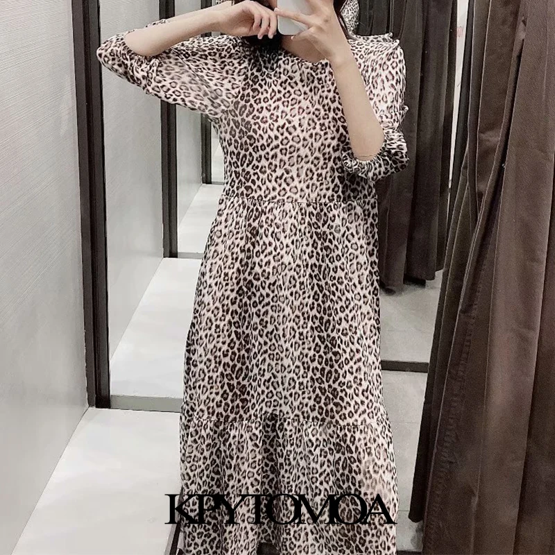 Винтажное стильное Макси платье с леопардовым принтом для женщин модное Плиссированное женское платье с круглым вырезом и рукавом три четверти vestidos mujer
