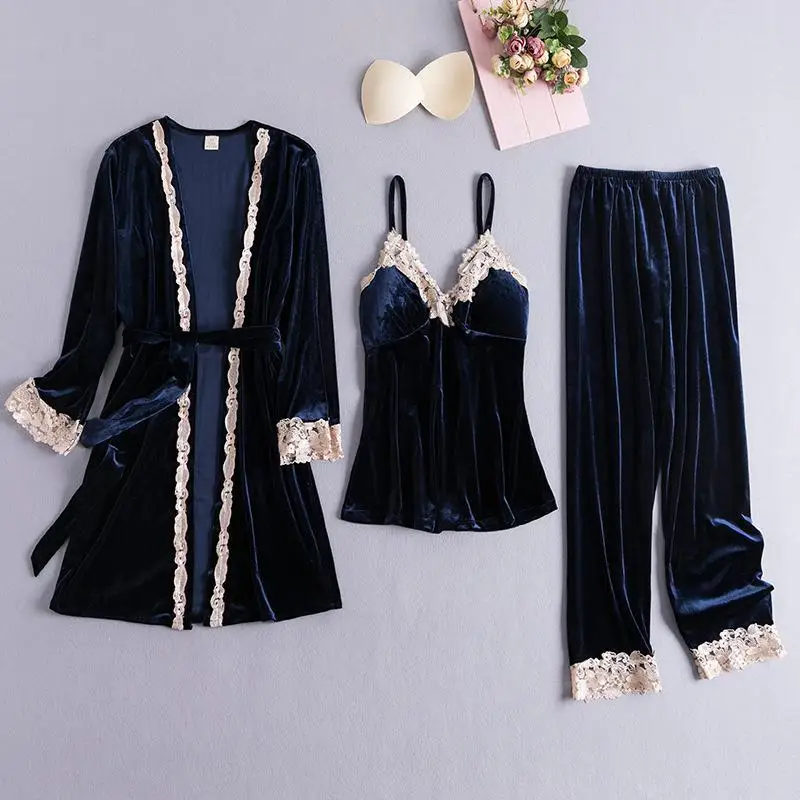 Navy Blue 2 Кружевное лоскутное женское велюровое 3 шт. Пижамный костюм ночное белье мягкое кимоно халат серый свободный халат платье Повседневная одежда для сна домашняя одежда - Цвет: Navy Blue 2