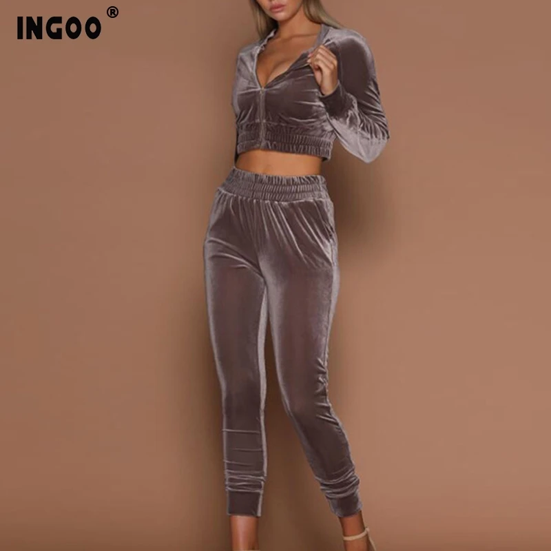 

INGOO Autumn Fashion Two Piece Set With Villus Long Sleeve Zippers Short Jacket Long Pencil Pants Women Tracksuit Female Suits