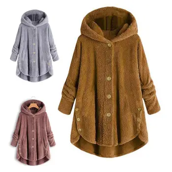 

Trendy Winter Women Solid Color Warmer Plush Button Hooded Coat Jacket Top Irregular Outwear