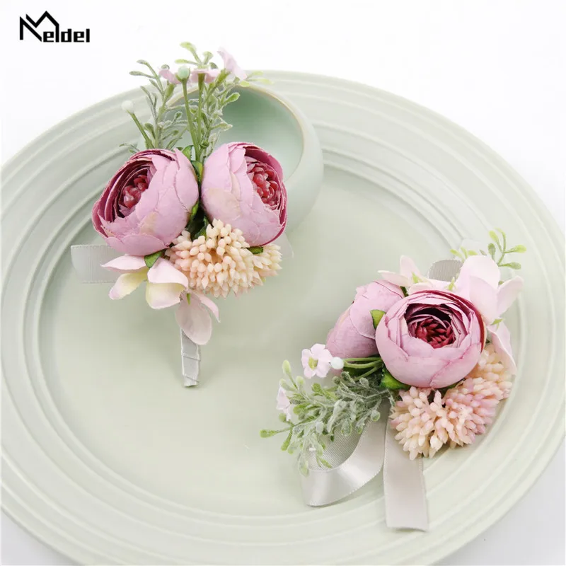 

Meldel Artificial Flowers Groom Boutonniere Man Bride Girl Wrist Corsage Sister Hand Flowers Wedding Flowers Party Dress Decor