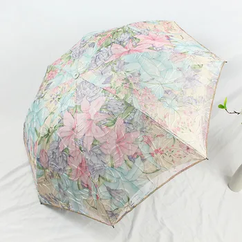 

2020 Exquisite Embroidery Lace Double Layers UV Umbrella For Women Small 3-Fold Rain Sun Umbrella For Female Excellent Parasol