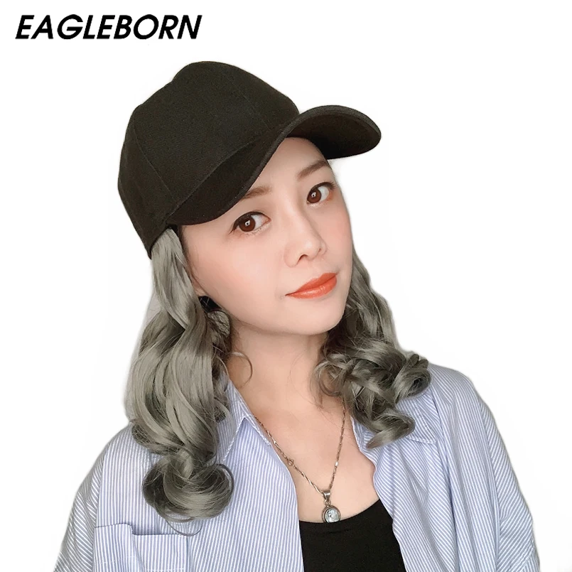 

New Women Baseball Cap Wig Hat Fashion Clip Hair 16-18 Inch Body Wave Women Gray Hair Wig Removable Snapback Hat Siamese Wig Cap