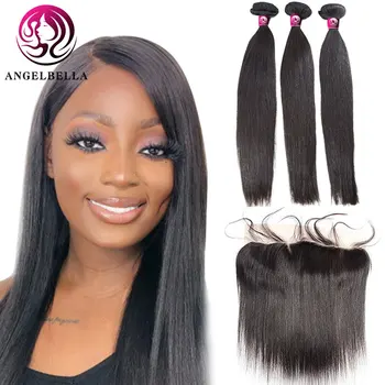 

Angelbella 100% Brazilian Natural Human Hair Weaving With Closure 3/4 Bundles Virgin Hair Wefts With 13x4 Lace Frontal
