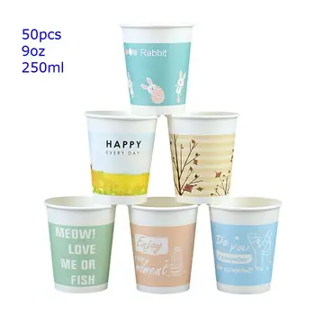 

50pcs 9oz 250ml Lovely Pattern Household Party Disposable Cups Hot Thicken Paper Cup Office Coffee Cup Beverage Drinking Cups