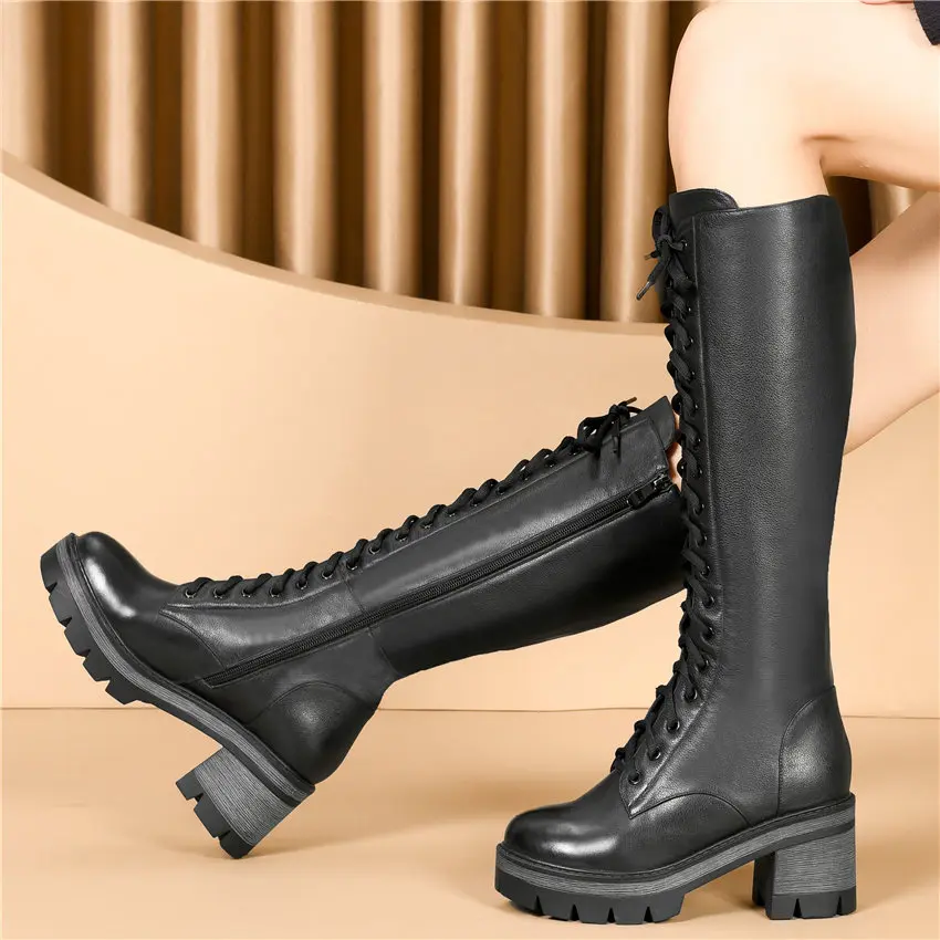 

2020 Thigh High Creepers Women Lace Up Strappy Genuine Leather Knee High Military Boots Round Toe High Heel Platform Pumps Shoes