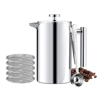 

1000ML 8 Cups French Press,35Oz, Double Wall Stainless Steel Tea Cafetiere Kettle, with Coffee Spoon & 5 Filter Sns