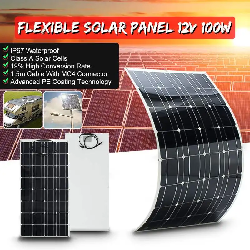 

100W solar panel photovoltaic Flexible Solar module Sonnenkollektor 12v 24v car battery charger Solar panel With 1.5m Cable