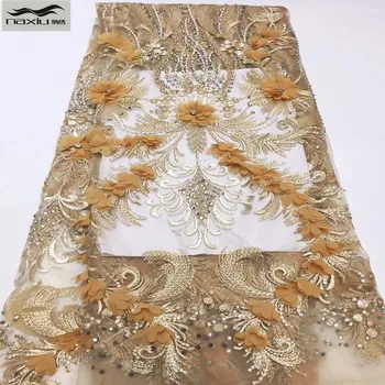 

Madison African High Quality Dubai Nigerian Gold 3d Flower Fabric Lace With Stones Embroidery Tulle Fabric