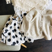 Algodão e linho cardigan 2020 primavera e verão coreano das crianças solto polka dot casaco de cor sólida jaqueta de bebê