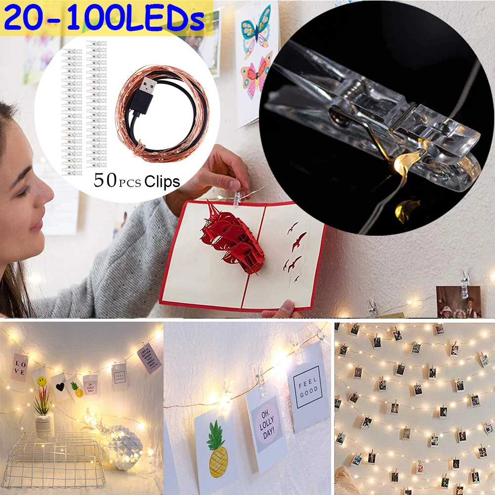 

Photo Clip String Lights with Clear Clips for Hanging Pictures Bedroom Wall Decor with Clips Battery USB Photo String Lights 30