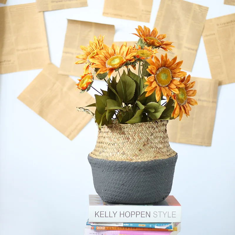 TOP!-Rattan Basket Straw Basket Garden Foldable Flower Pot Hanging Wicker Storage Basket Woven Seagrass Basket Rattan Flower Vas