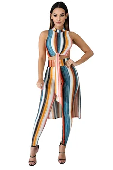

Summer Women 2 Piece Set Crop Top and Long Pants Striped Print Sleeveless Halter Irregular Top Sheath Bodycon Top Club Outfit