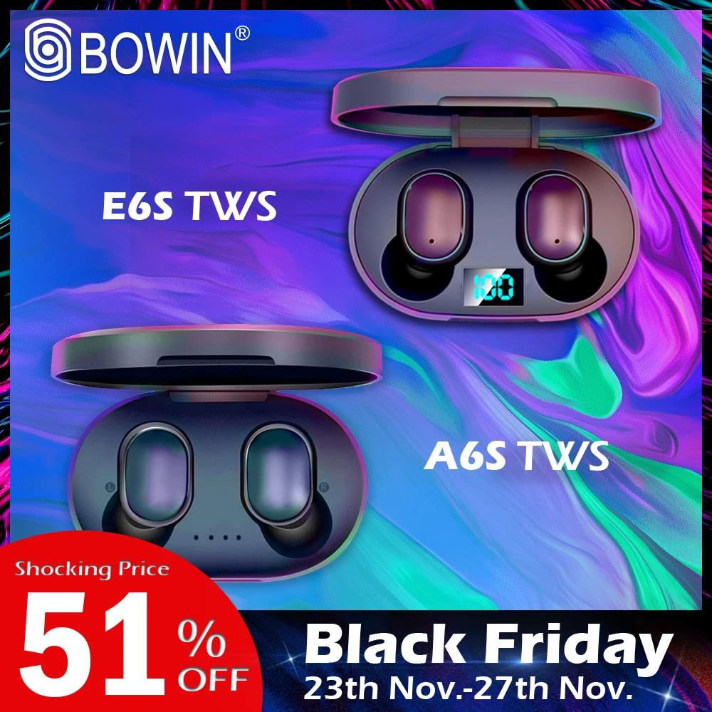 BOWIN Bluetooth 5 0 E6S A6S Earbuds Noise Canceling LED Display Sport Earphones TWS Wireless Earbuds With Mic 3D Sound