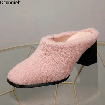 

Style Wool Closed Toe Heel High Mules Women Square Toe Designer Autumn Slippers For Woman Runway White Pink Wool Slippers Mujer