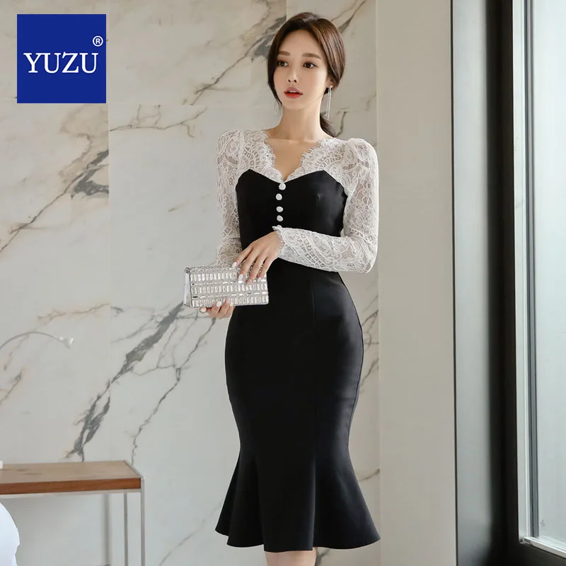 

Lace Patchwork Mermaid Dress Elegant Womens Autumn V Neck Slim Hip Fishtail Tunic Knee-length Dress Office Sexy Women Clothing