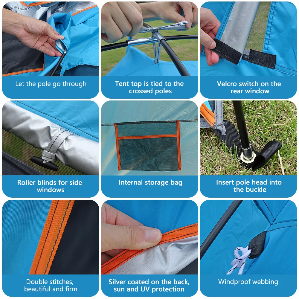 خيمة عائلية صيفية للشاطئ مع إطار ، ملاجئ شمسية ، ظ...