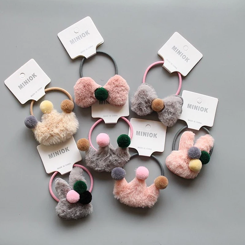 New 1PC Girl Fluffy Crown Hair Tie Bow Faux Fur Hair Band Girl Crown Hair Accessories Elastics Scrunchie Ponytail Holder