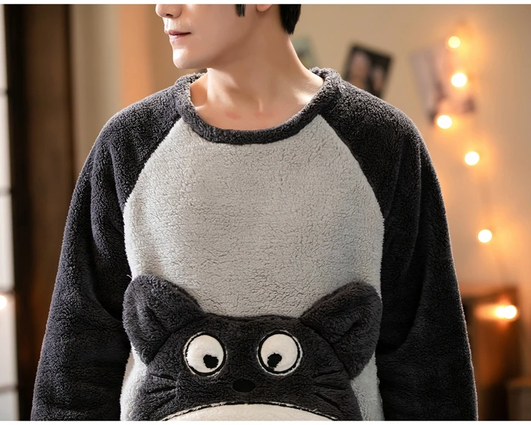 men's silk pajamas 2021 Winter Long Sleeve Thick Warm Flannel Pajama Set for Men Cute Cartoon Totoro Coral Velvet Sleepwear Pyjama Homewear Clothes cotton loungewear