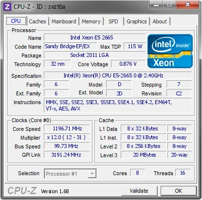 Процессор Intel Xeon E5-2665 E5 2665 e5 2665(2,40 ГГц, 8,00 GT/s Intel QPI) SROL1 C2 LGA2011 cpu