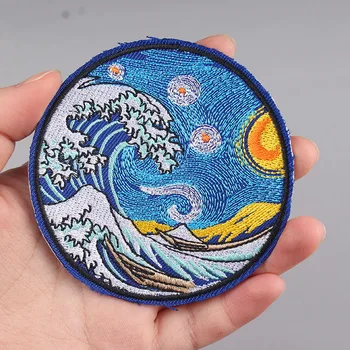 

Pulaqi Wave Applique Adventure Badges Iron On Patches For Clothing Van Gogh Embroidered For Clothing Natural Patches On Clothes